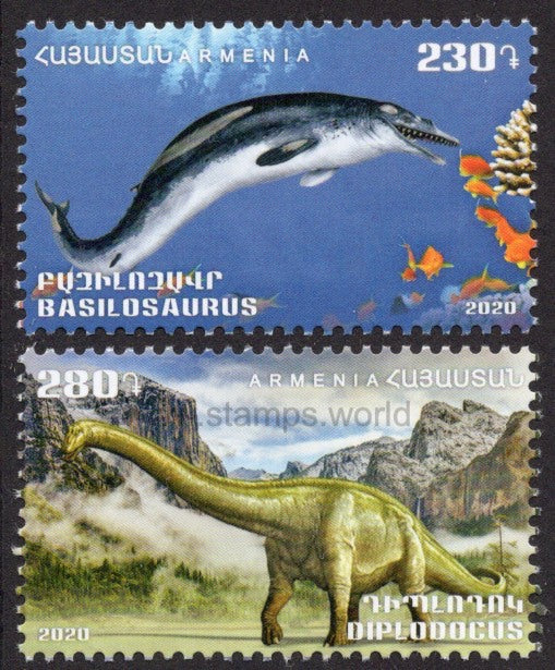 Armenia. 2020 Flora and Fauna of Ancient World. Basilosaurus and Diplodocus. MNH