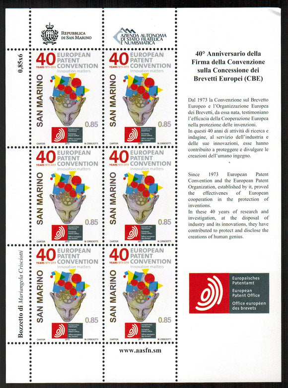 San Marino. 2013 40th Anniversary of the European Patent Convention MNH