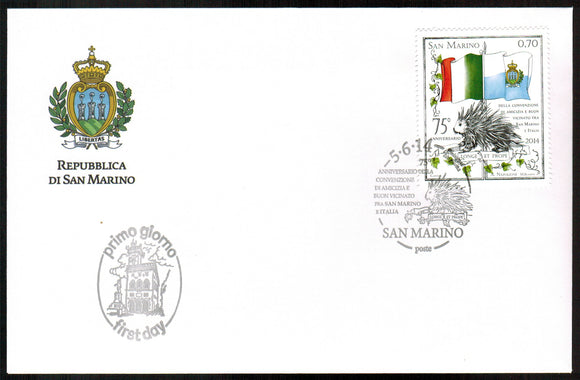 San Marino. 2014 75th Anniversary of the Convention of Friendship San Marino and Italy. FDC