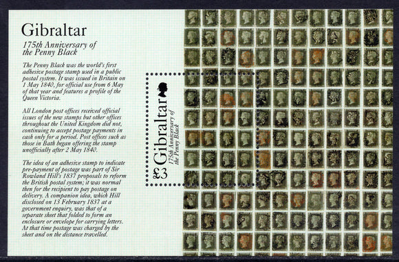 Gibraltar. 2015 175th Anniversary of the World's First Postage Stamp. One Penny Black. MNH