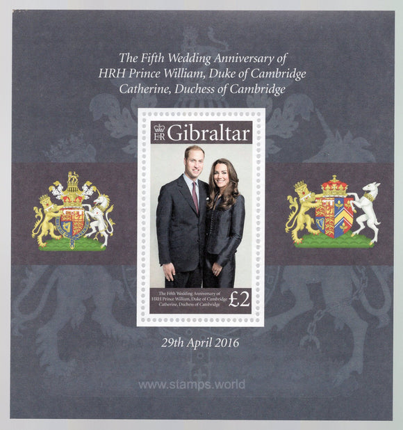 Gibraltar. 2016 5th Anniversary of wedding of Prince William, Duke of Cambridge and Catherine Middleton. MNH