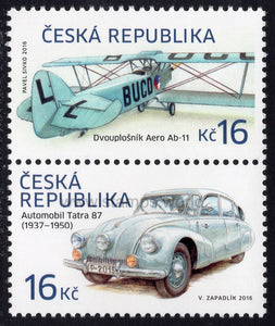 Czech Republic. 2016 Historical Vehicles. The Aero A.11 Biplane and Tatra 87 Car. MNH