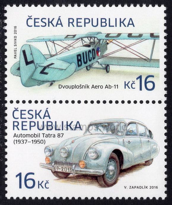 Czech Republic. 2016 Historical Vehicles. The Aero A.11 Biplane and Tatra 87 Car. MNH