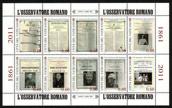 Vatican. 2011 150th anniversary of L'Osservatore Romano. MNH