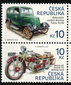 Czech Republic. 2013 Historical Vehicles. Motorcycle Cechie 33  and Railcar (Draisine) Tatra 15/30. MNH