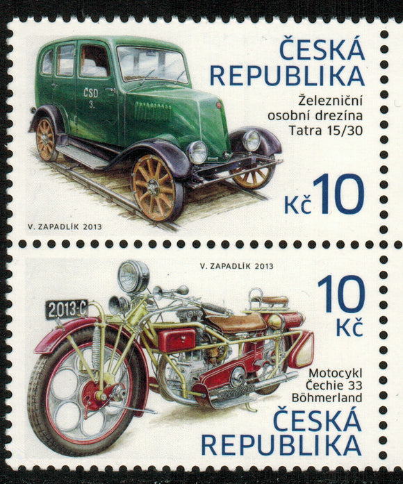 Czech Republic. 2013 Historical Vehicles. Motorcycle Cechie 33  and Railcar (Draisine) Tatra 15/30. MNH